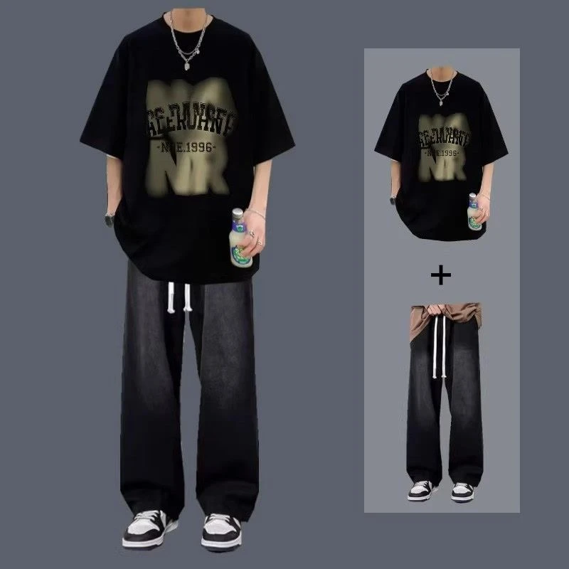 夏季套装男短袖t恤一套搭配牛仔裤痞帅高街学生薄款两件套青少年