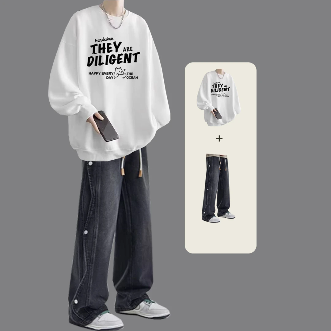 美式圆领卫衣男加绒套装秋冬季潮流宽松痞帅搭配牛仔裤学生两件套