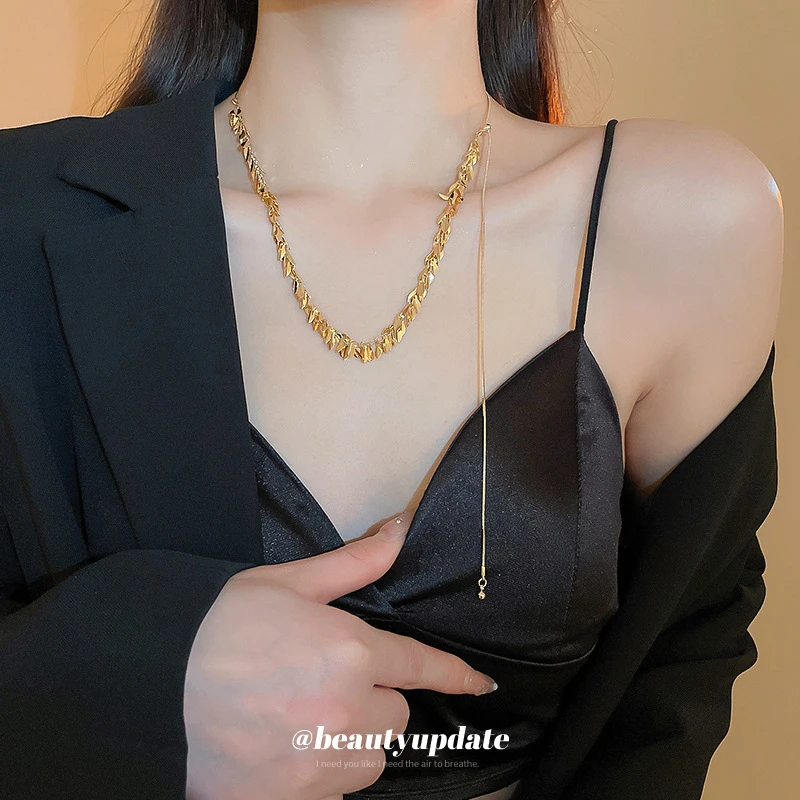 合金项链 欧美时尚高级感亮片麦穗流苏项链个性冷淡风锁骨链