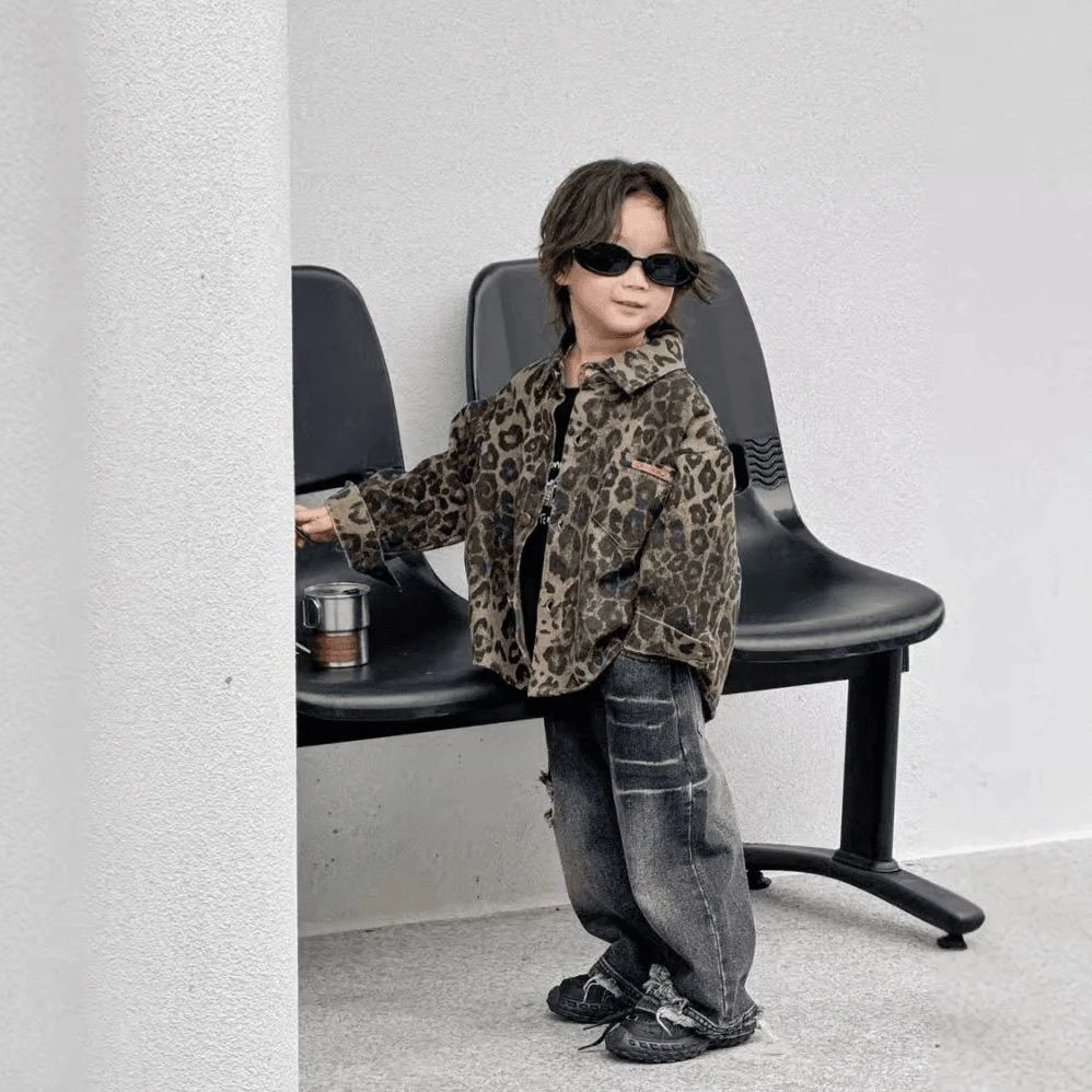 童装秋款男童秋季豹纹韩版潮酷外套2024秋潮酷帅破洞牛仔裤两件BA