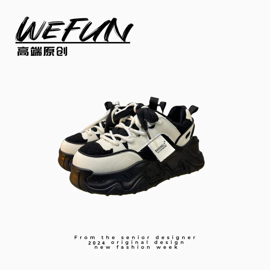 【WEFUN】真皮2023冬加绒毛毛女鞋运动鞋百搭老爹鞋厚底ins休闲鞋子