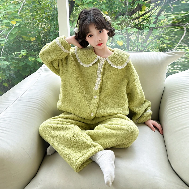 儿童冬天厚睡衣珊瑚绒2024新款女大童套装女童家居服冬季加绒加厚