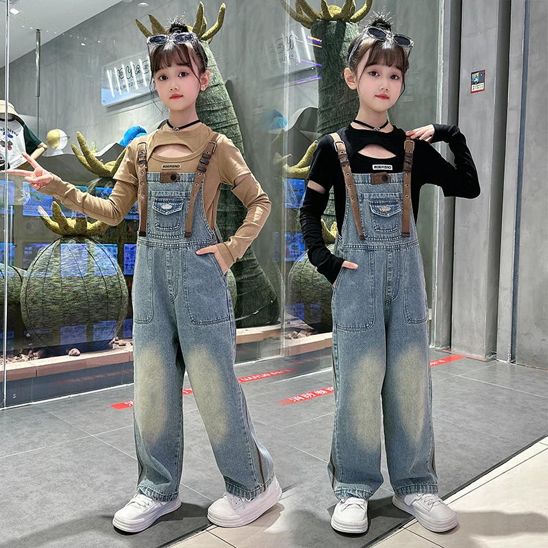 女童时髦春秋牛仔背带裤洋气2025新款韩版中大儿童宽松时尚阔腿裤