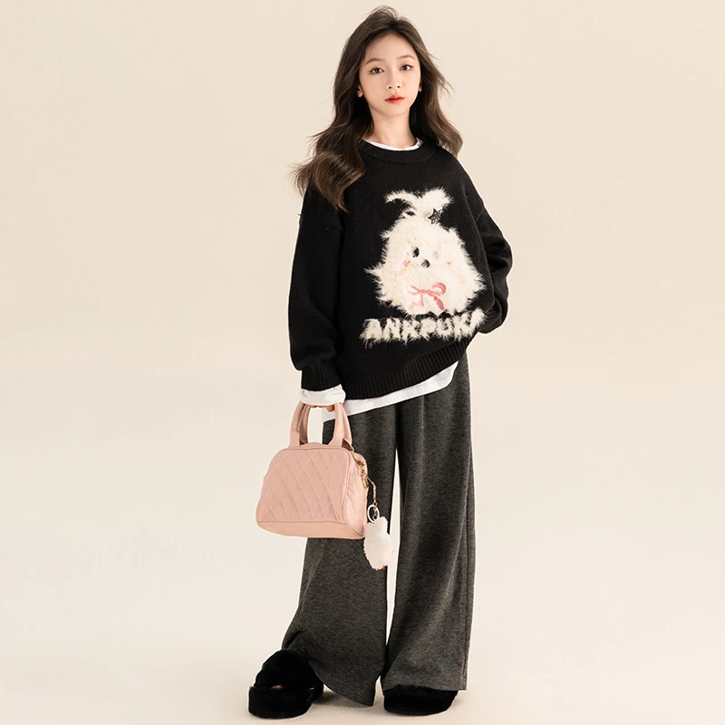 女童毛衣秋装2024新款洋气女大童秋冬加厚针织衫儿童圆领打底衫潮