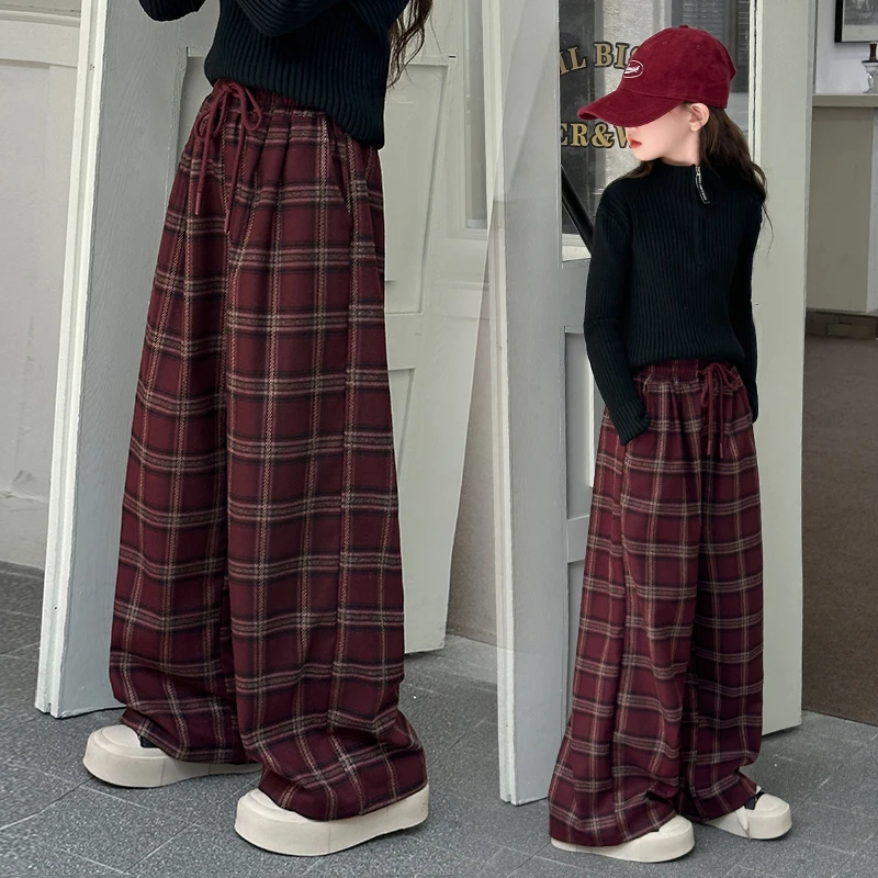 女童休闲呢子裤秋季2024新款阔腿裤儿童6-12岁洋气格子春秋直筒裤