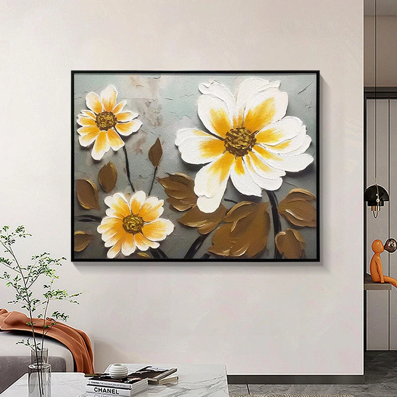 工治愈系肌理感客厅装饰画清新三朵花卧室挂画北欧油画花6080