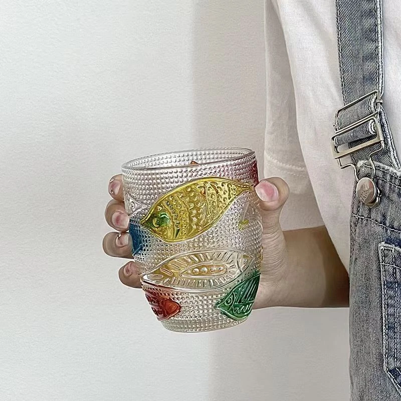 复古INS风手绘玻璃杯撞色浮雕鱼纹果汁杯双只装矮款