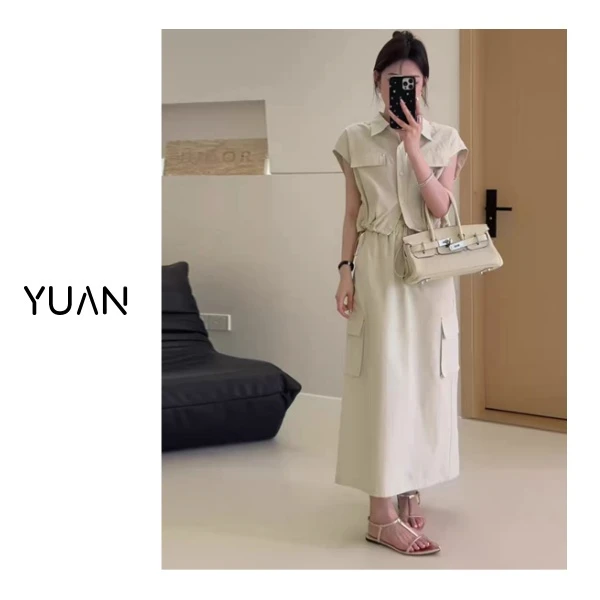 YUAN-【工装套装】夏季收腰时尚气质显瘦百搭黑色裙子两件套装女