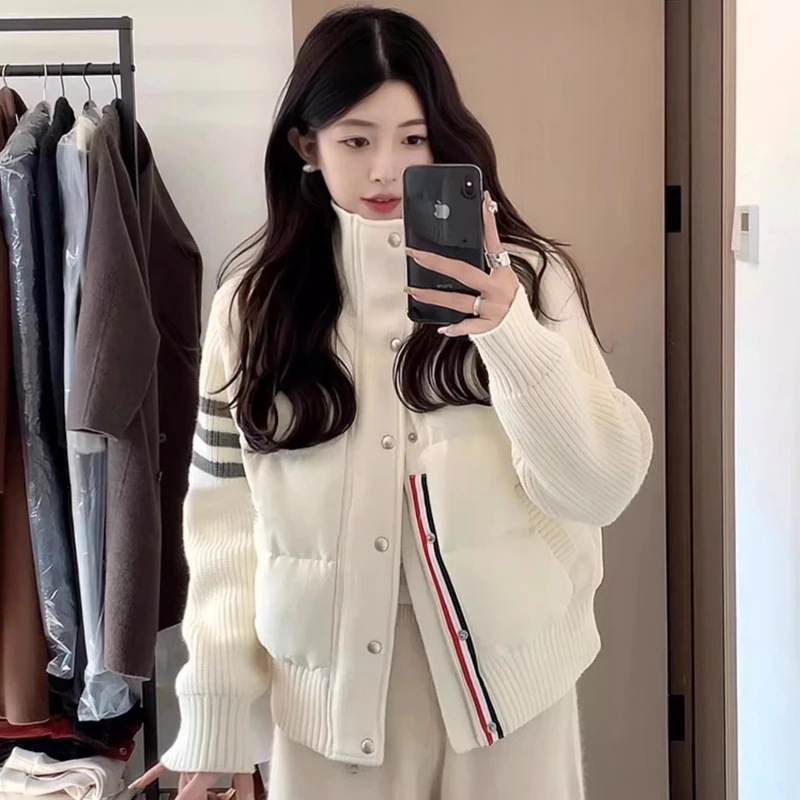 拼接针织立领反季羽绒服女短款2024年新款小个子冬季外套潮