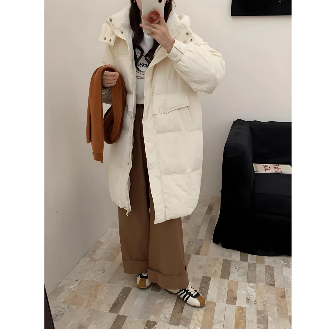 2024韩版新款保暖加厚百搭中长款羽绒服外套白鸭绒面包服