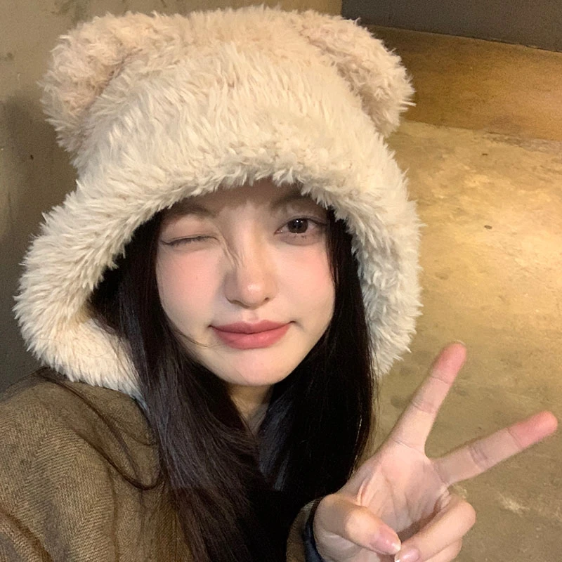 可爱小熊毛绒帽子女款秋冬季2023新款大头围毛线帽保暖护耳针织帽