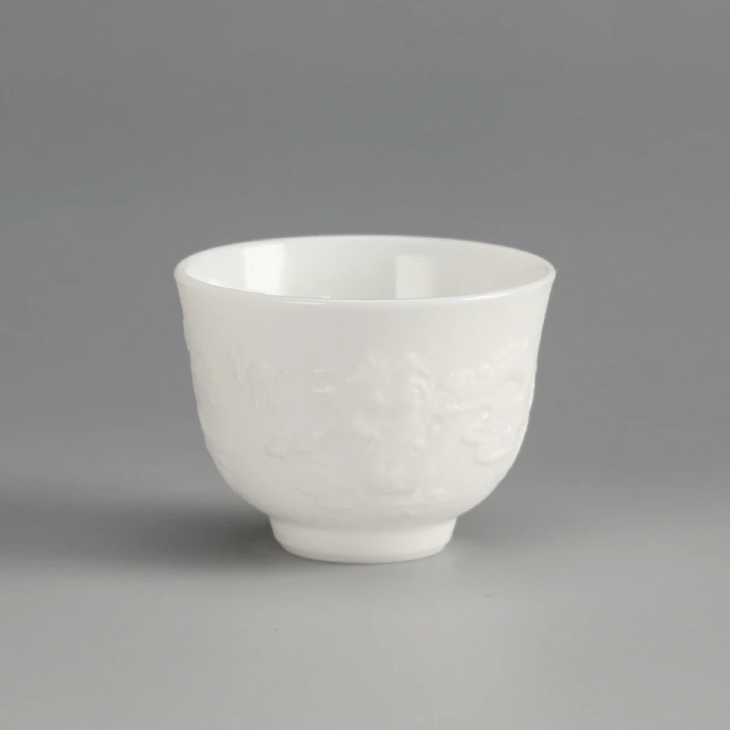 闻兮茶器羊脂玉瓷浮雕龙凤铃铛杯素烧白瓷茶杯陶瓷杯