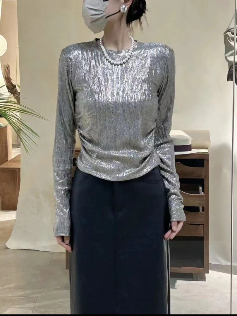 2023秋季新款时尚百搭圆领亮丝长袖设计感显瘦