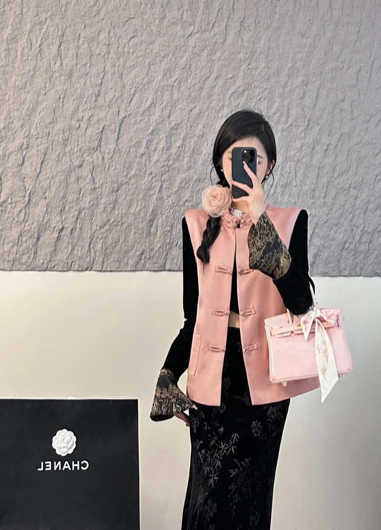 气质简约时尚款休闲复古新中式立领盘扣贴袋马甲230229