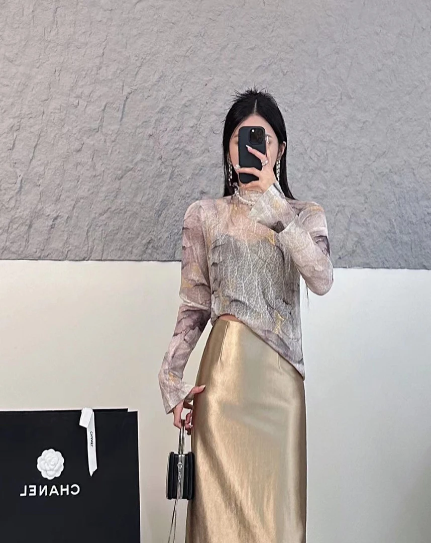 新款 水墨画打底显瘦休闲百搭不规则设计师秋冬高领气质长袖227