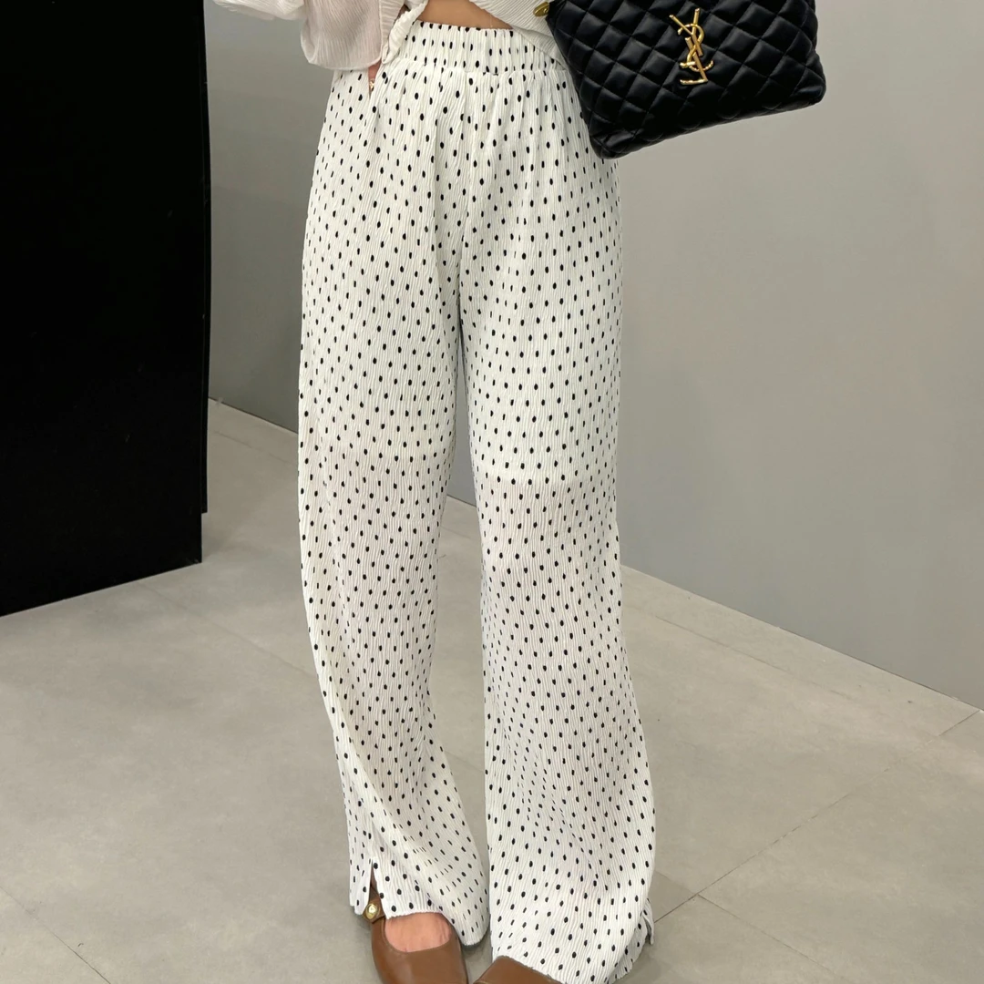 韩版东大门高腰压褶圆点舒适透气薄款休闲裤