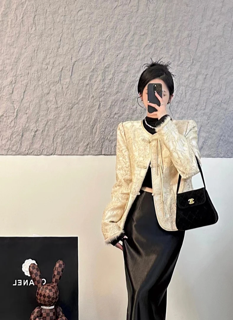 法式上新包边中国风（袖带毛毛）休闲百搭小香风复古拼接230103