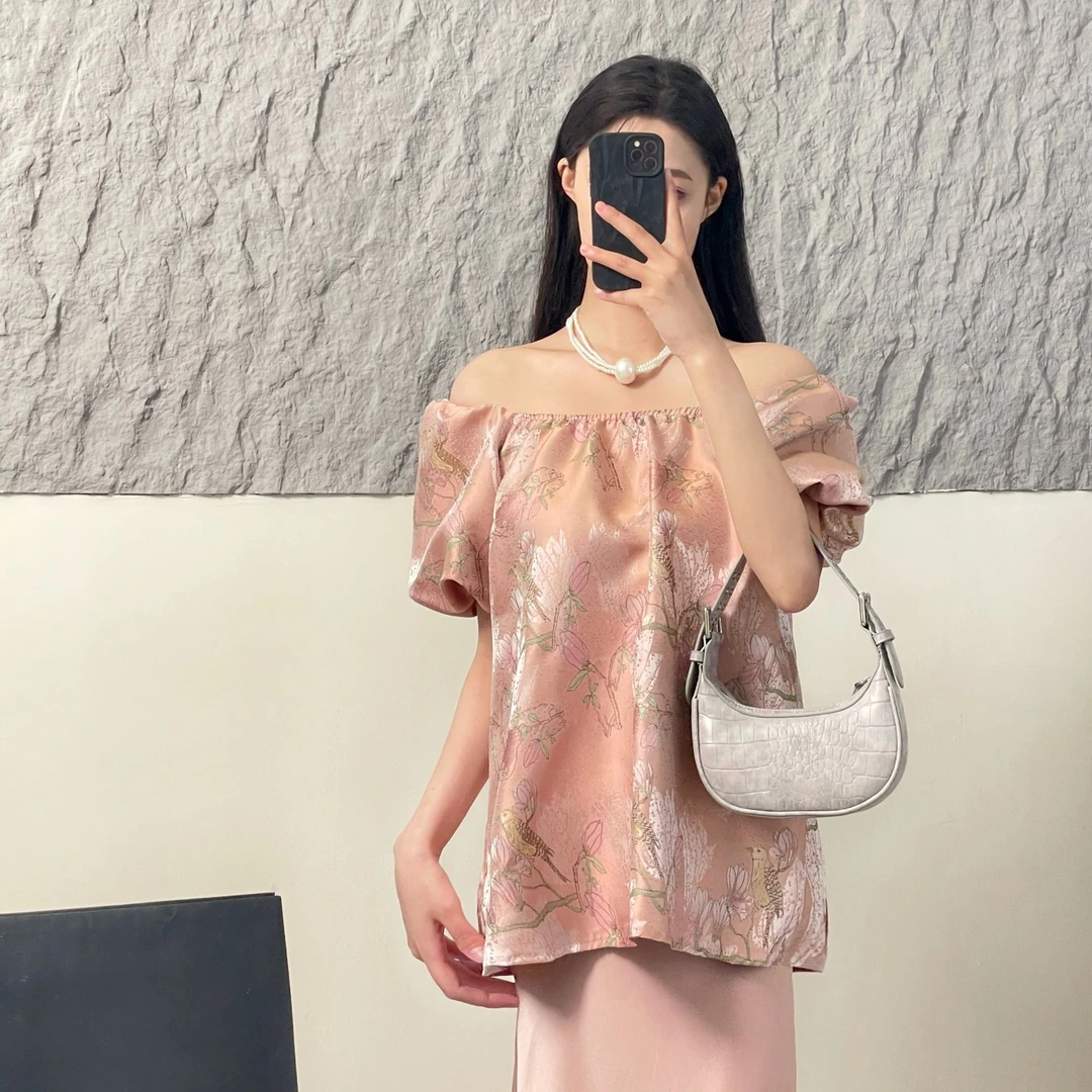 春季上新 夏季爆款 重工刺绣花一字肩短袖A309