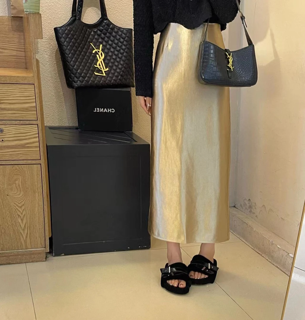 鎏金高级感缎面直筒半裙女气质黑金包臀中长裙205