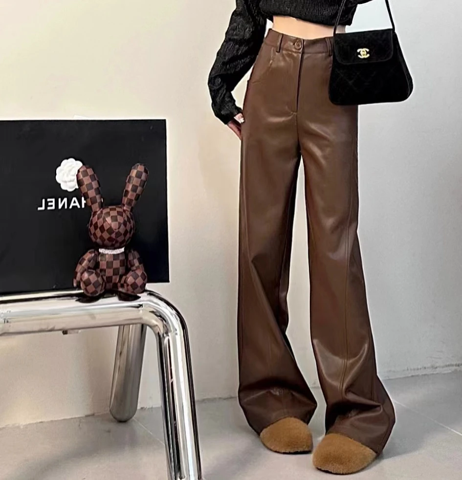 Dami 上新休闲时尚显瘦高腰直筒百搭宽松美式不规则皮裤 237972