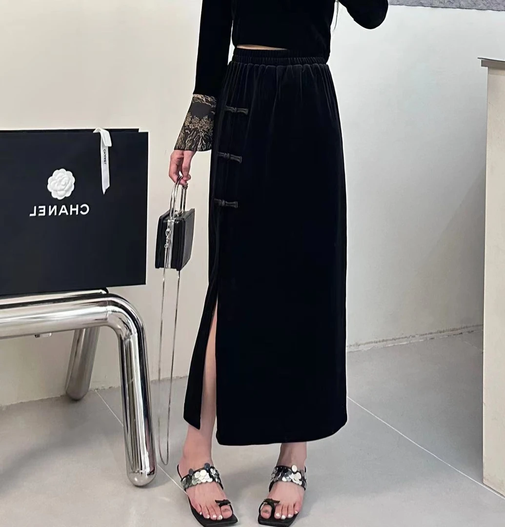 【烁之悦】国风开叉显瘦丝绒盘扣半裙高腰时尚气质百搭裙子220