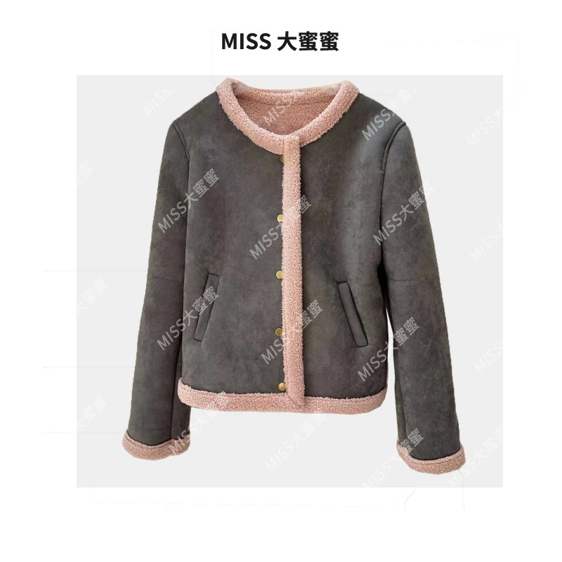 冬季上新毛毛包边翻毛皮圆边纯色加厚短款洋气百搭圆领外套237891