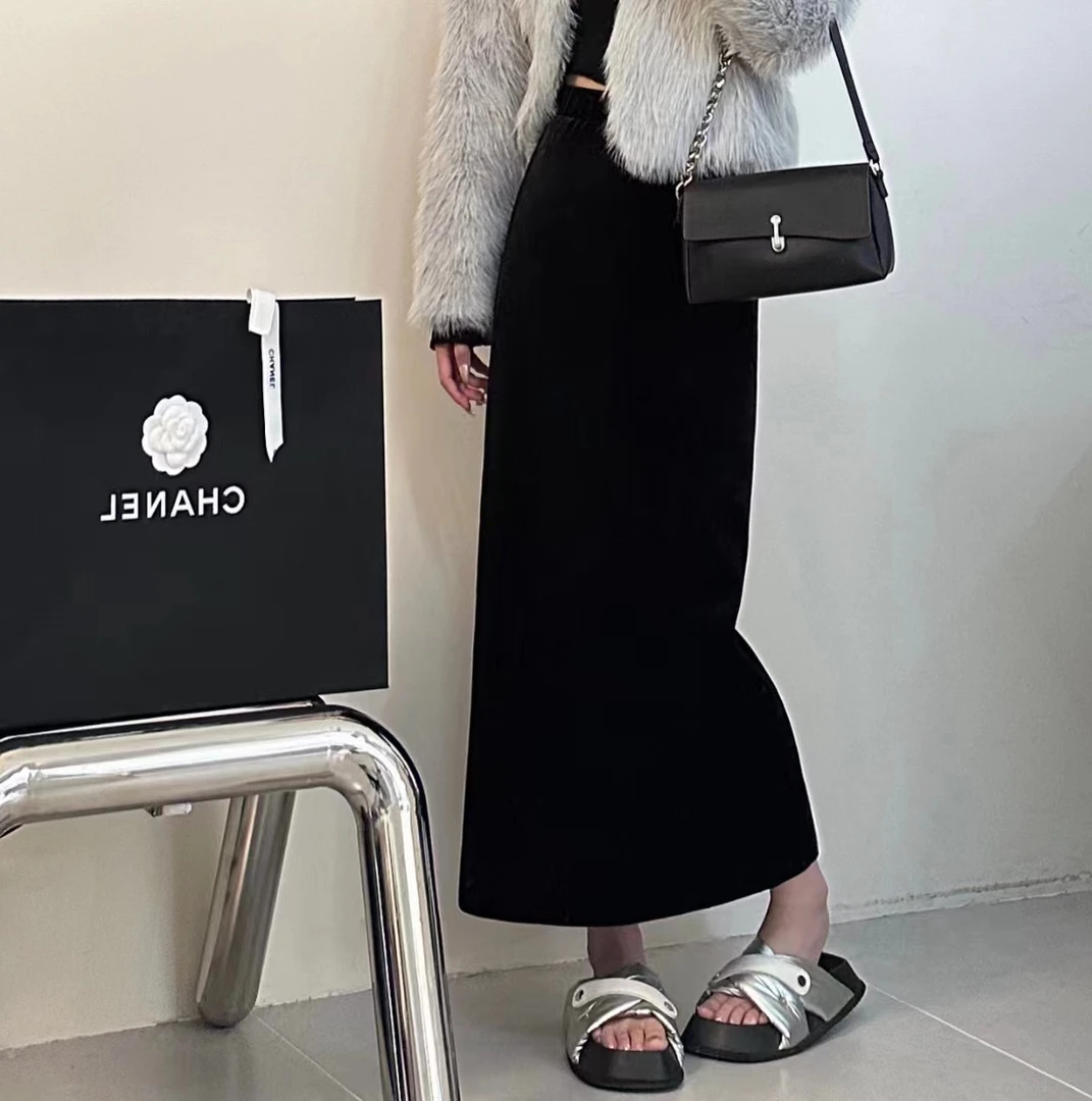 上新加绒丝绒开叉裙百搭气质复古秋冬休闲时尚显瘦238