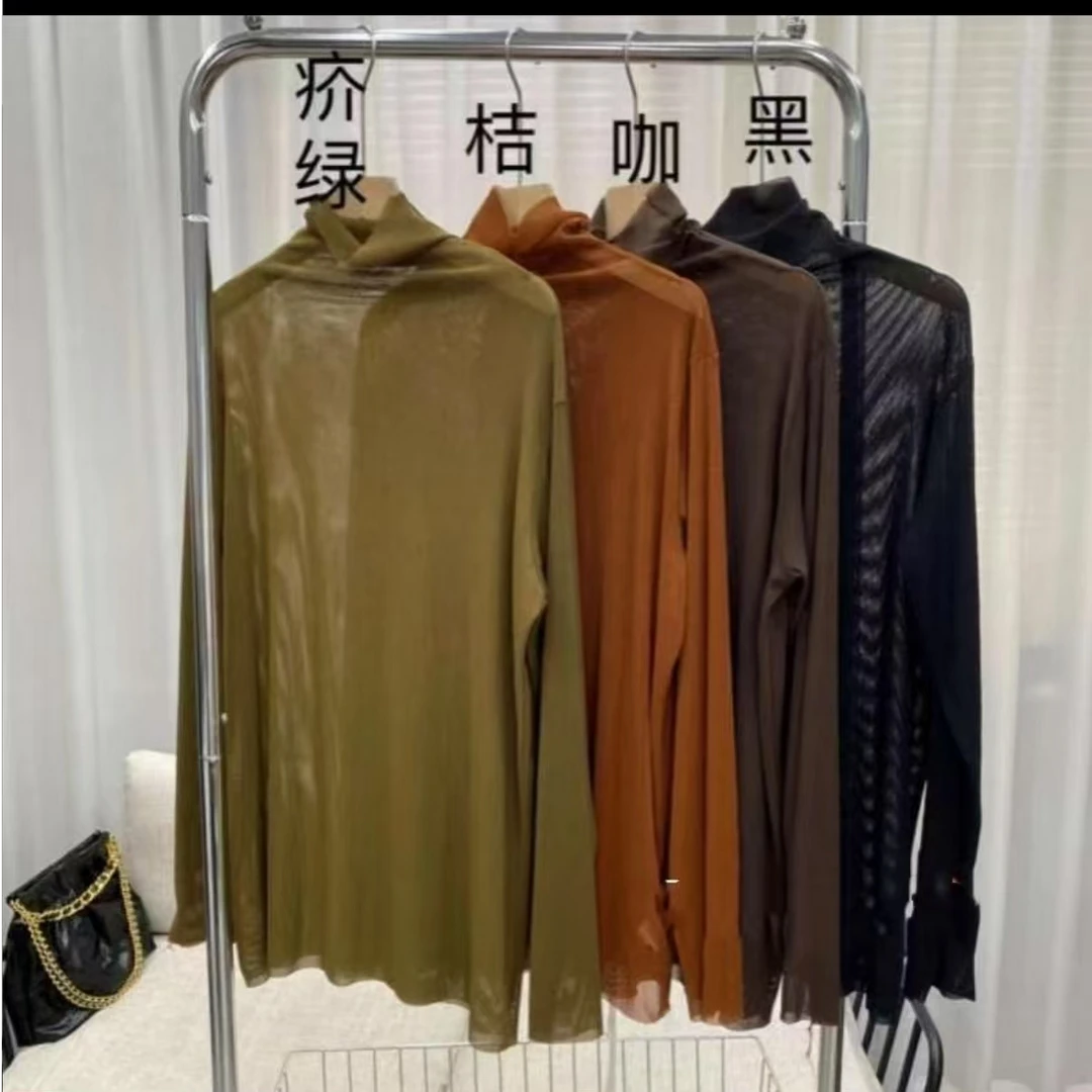 秋冬高领百搭时尚透气纯色网纱打底衫