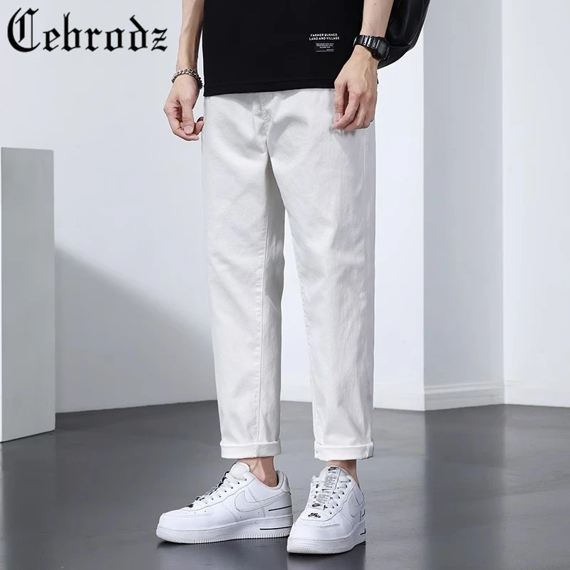 Cebrodz 夏季白色九分牛仔裤男士直筒宽松潮牌弹力纯棉春夏薄款裤