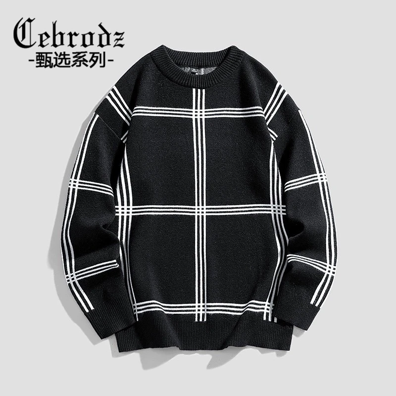 Cebrodz毛衣男士款复古格纹2023新款冬季慵懒风高级感舒适针织衫