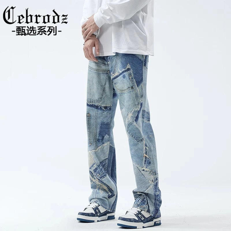 Cebrodz男士牛仔裤2024春季款潮牌直筒宽松美式数码印花街头长裤