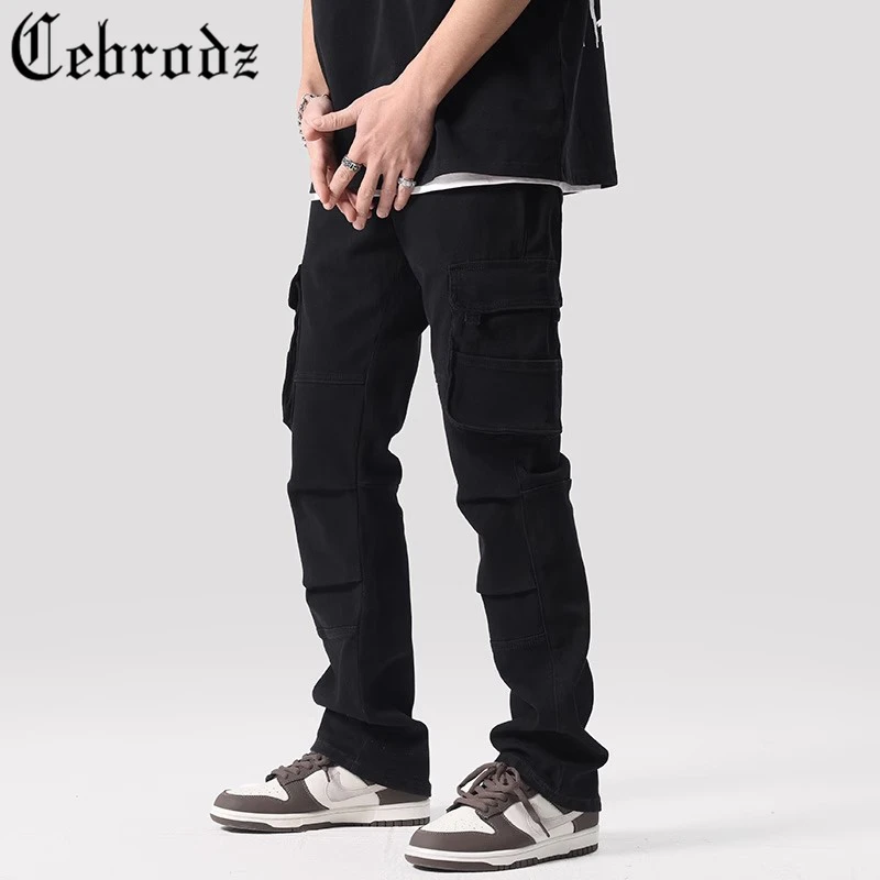 Cebrodz春季工装牛仔裤男修身潮牌男士直筒美式高街微喇休闲裤子