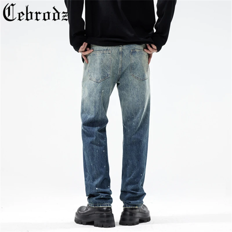Cebrodz渐变色高街牛仔裤男重工水洗泼墨长裤美式春季男士直筒裤