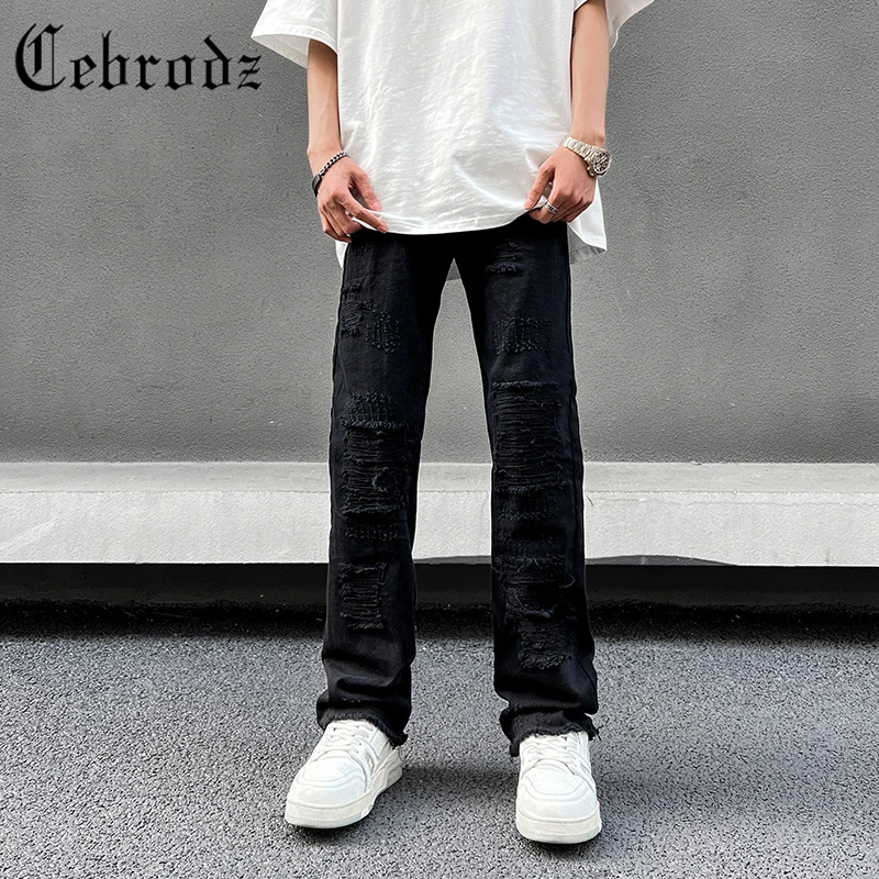 Cebrodz2023新款百搭拉链裤脚复古牛仔裤男直筒美式高街长裤潮牌