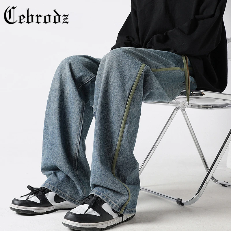 Cebrodz美式高街复古牛仔裤男春夏季宽松阔腿直筒潮牌痞帅男裤子