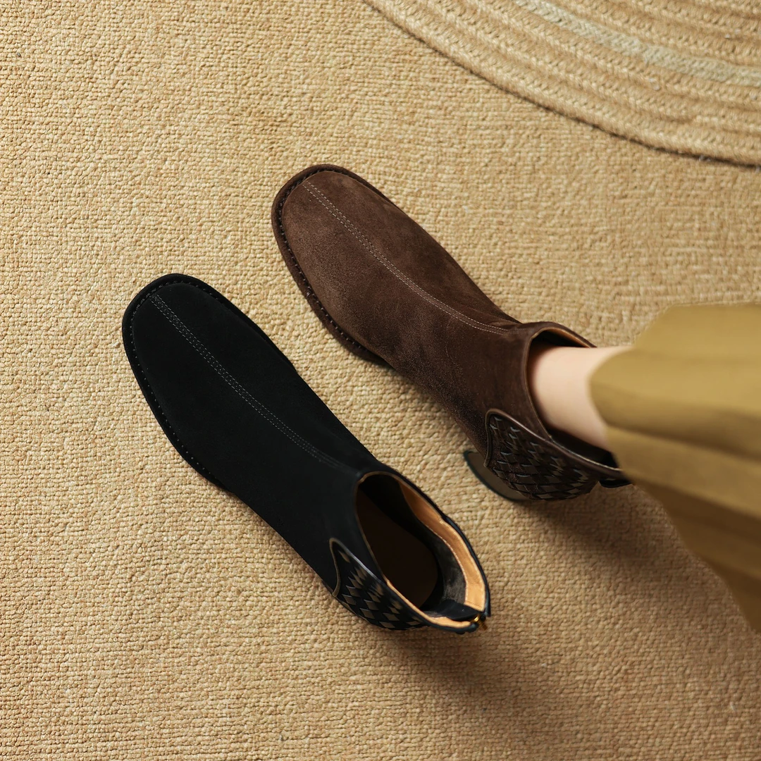 半坊手工女鞋|34-39码|4.0cm|法式方头复古显瘦编织粗跟短靴