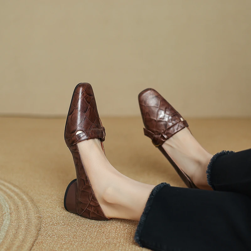 半坊手工女鞋|34-39|3.0cm|秋季法式方头浅口真皮麻将纹粗跟单鞋