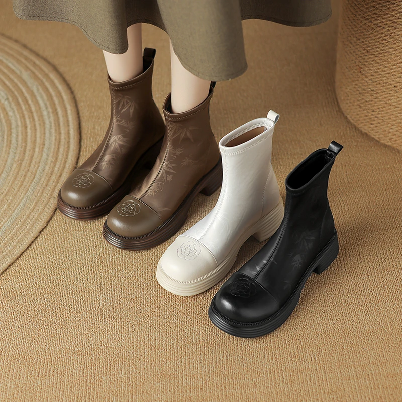 半坊手工女鞋|34-40码|4.0cm|圆头真皮松糕厚底国风印花时装短靴