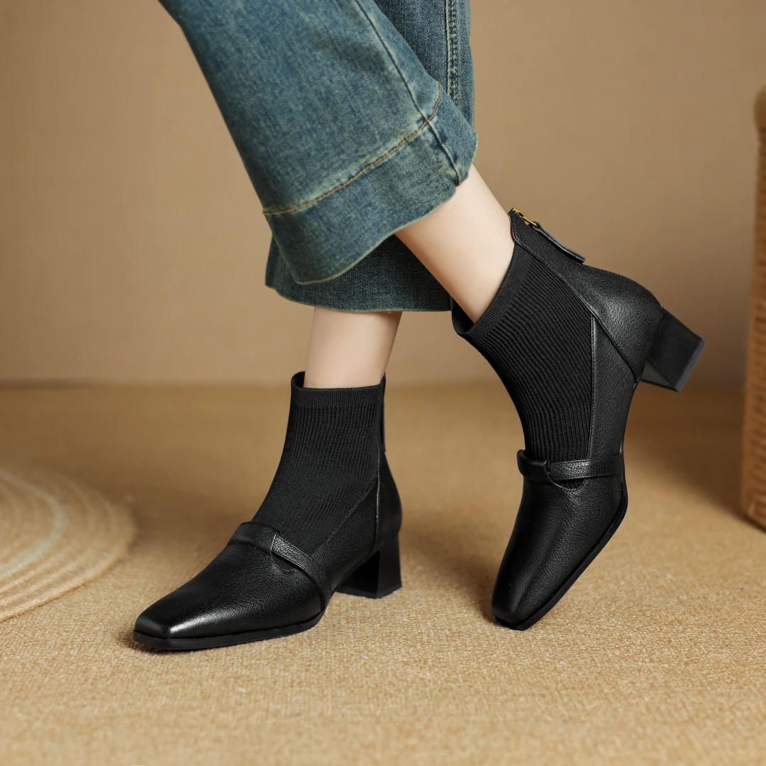 半坊手工女鞋|34-39|4.5cm|法式复古方头真皮粗跟显瘦后拉链短靴
