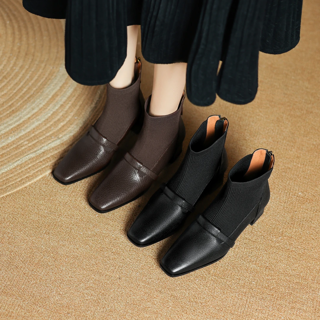 ReneChristine|34-40|4.5cm|法式复古方头真皮粗跟显瘦后拉链短靴