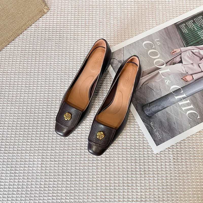 ReneChristine|34-40码|4.0cm跟|法式方头粗跟山茶花浅口显瘦单鞋