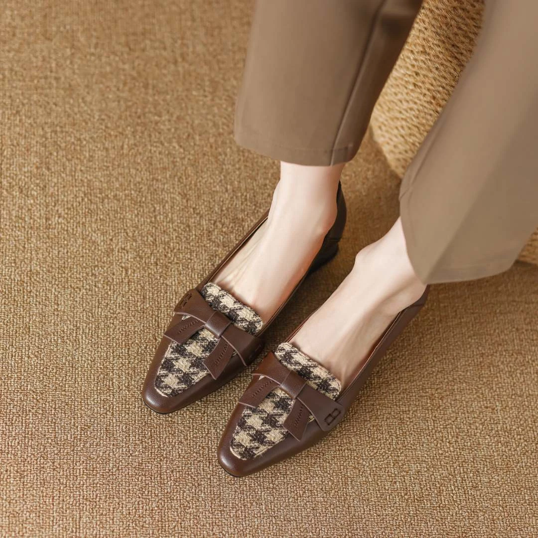 【新品】半坊手工女鞋|34-41|3.5cm|方头蝴蝶结格子乐福鞋粗跟单鞋