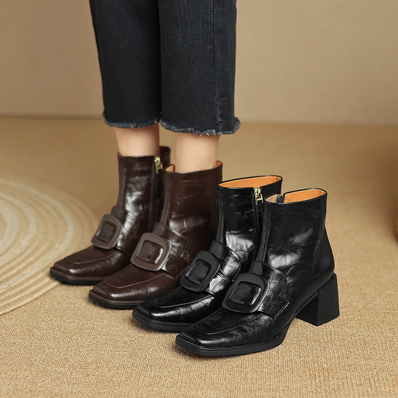 半坊手工女鞋|34-39|6.0cm|法式复古方头格纹牛皮方扣粗跟短靴女