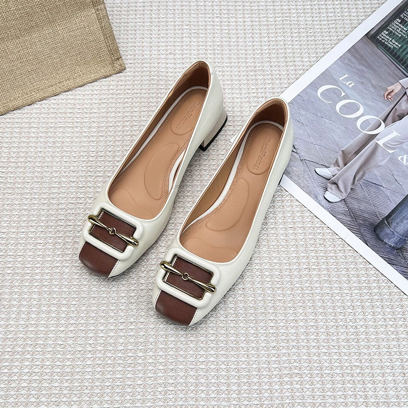 断码青沧半坊手工女鞋|34-39|3.0cm|法式复古拼色方头真皮金属粗