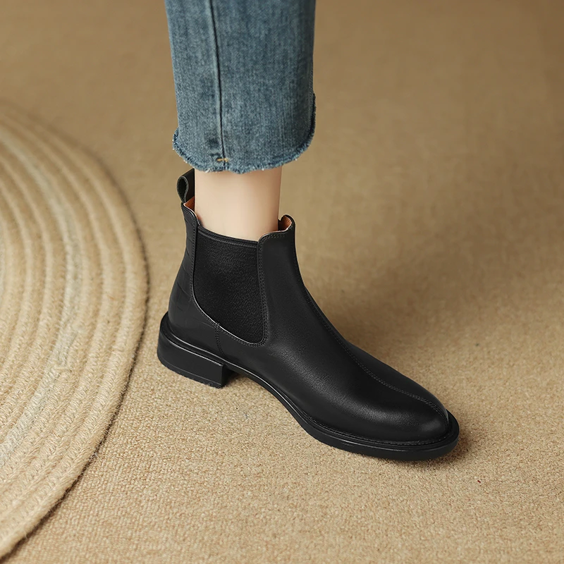 半坊手工女鞋|34-40码|3cm|真皮秋冬中跟复古圆头瘦瘦靴厚底短靴
