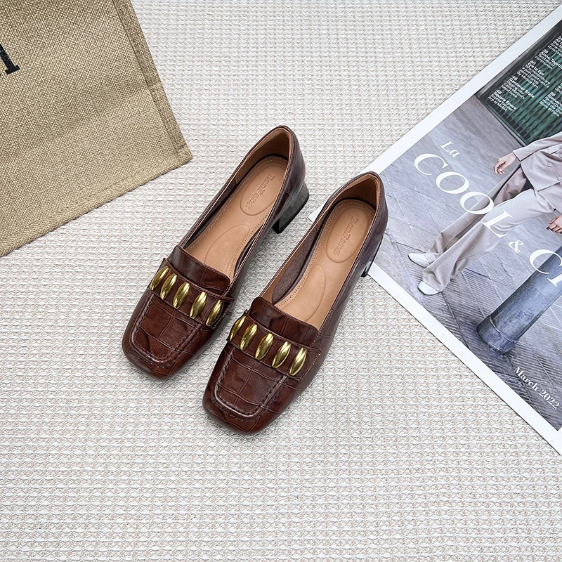 断码青沧半坊手工女鞋|34-39|4.0cm|法式复古真皮浅口金属软底粗