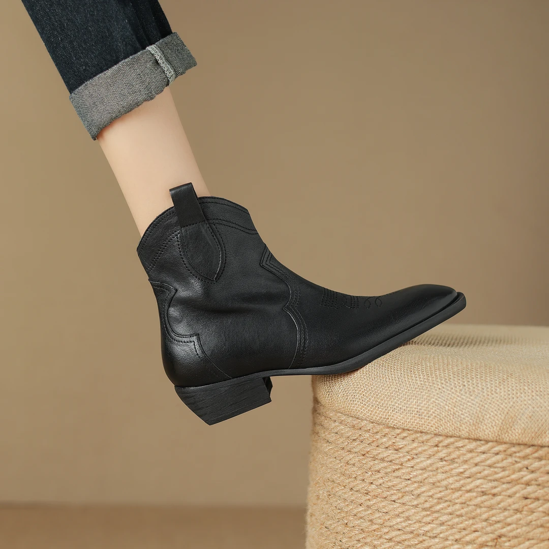 断码鞋|34-40码|4.0秋冬cm|粗跟复古真皮英伦尖头百搭短靴