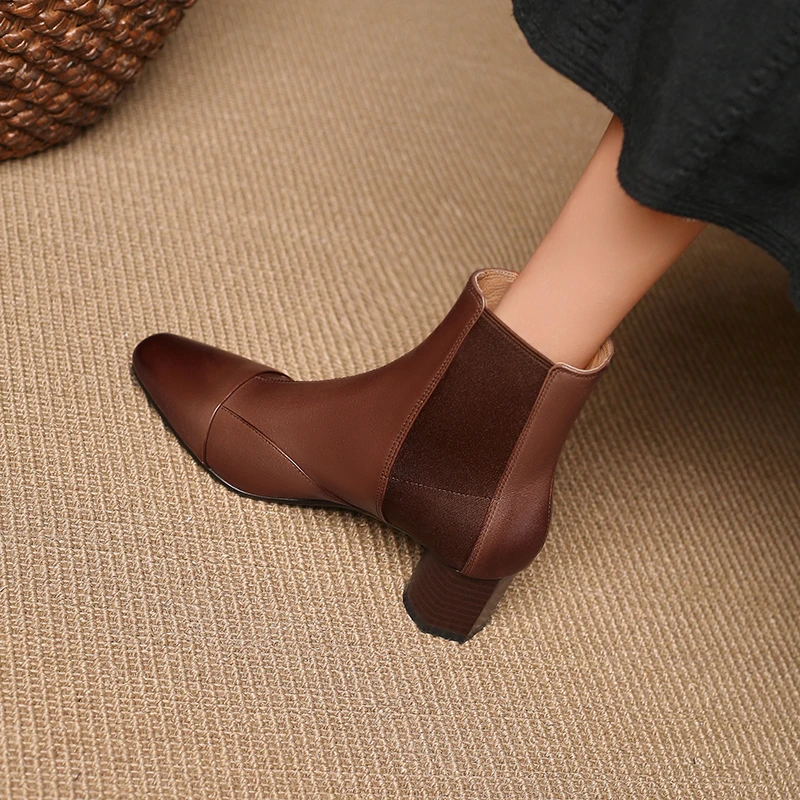 半坊手工女鞋|34-40码|4.5cm|真皮粗跟法式复古弹力瘦瘦靴女短靴