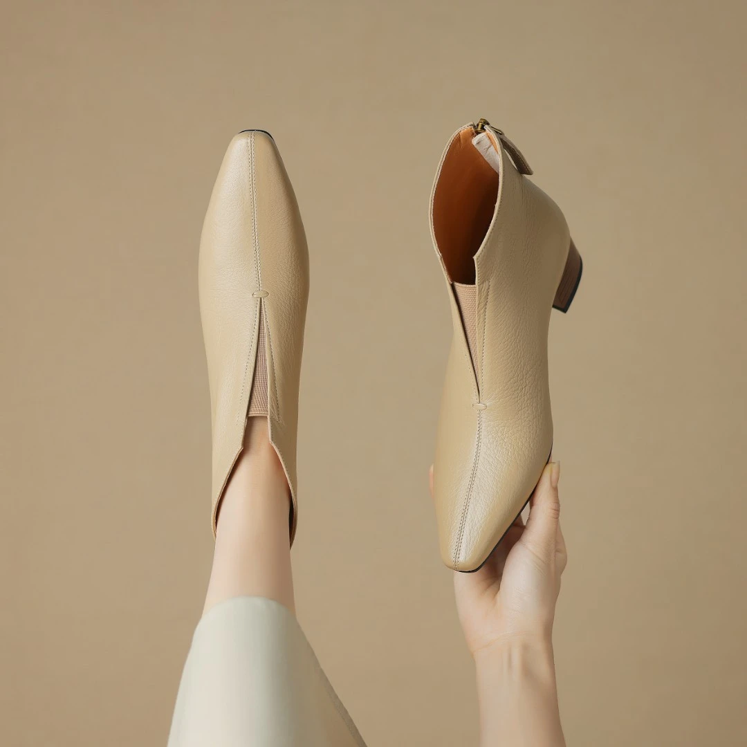 半坊手工女鞋|34-40|4.0cm|冬真皮复古方头粗中跟V开口气质短靴女