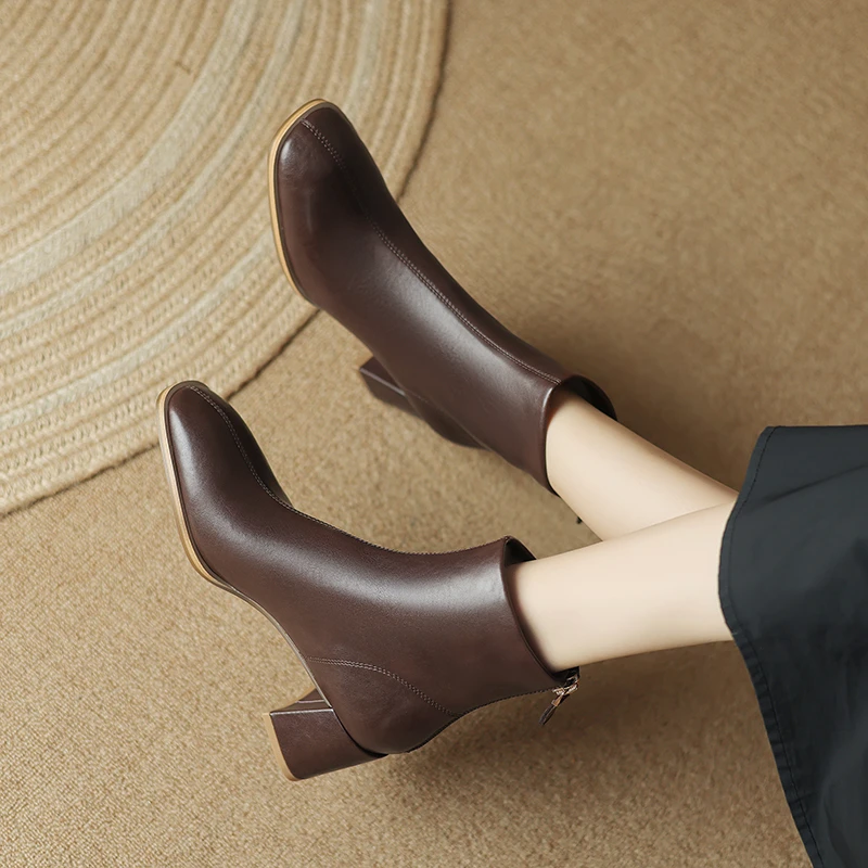 半坊手工女鞋/34-40/6cm/法式复古高跟方头真皮中跟后拉链短靴